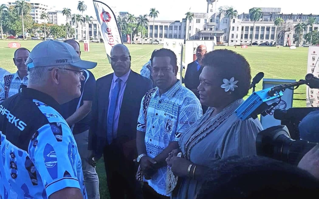 Netball Fiji president Wainikiti Bogidrau, right, meets Australian PM Scott Morrisson in Suva last week.