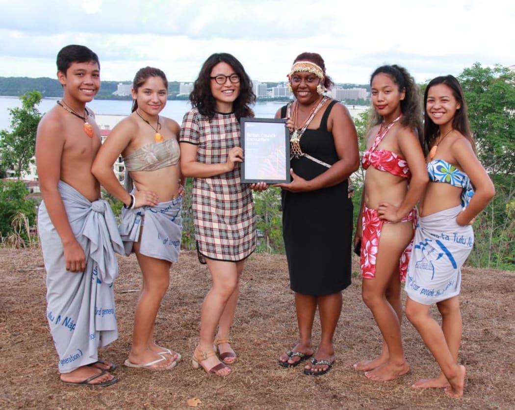British Council Encounter Programme Award Ceremony for Rhian Gatu (in black) at the Chamorro Culture Centre in Guam with wonderful Chamorro children.