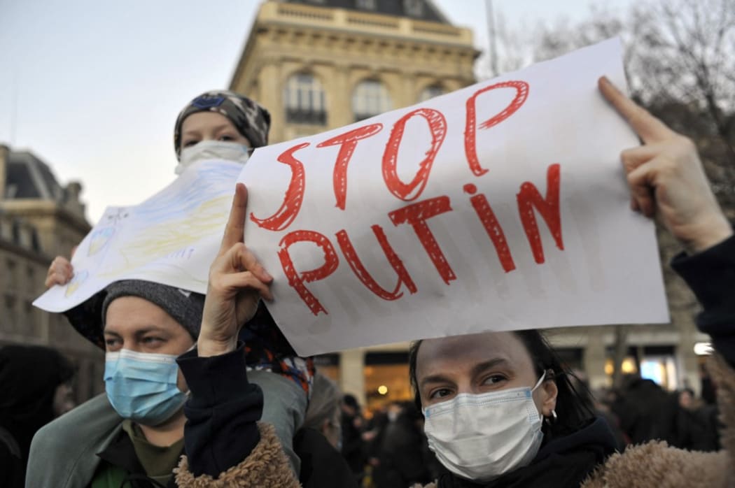 Ukrainians in Paris protest against Russia's invasion today.