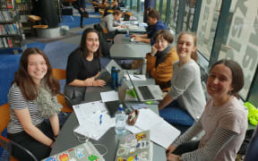 Liv Hartley-House, Eva Mackle, Miro MacDonald, Josie Greenwood and Phoebe  Lederman at Wellington Library.