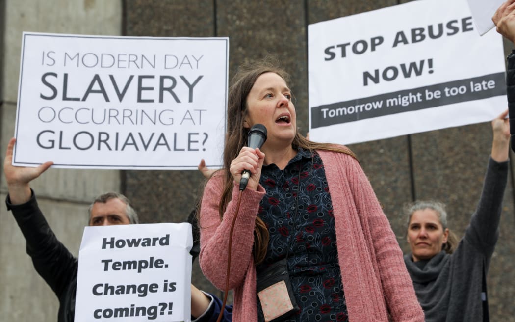 Former members of Gloriavale protest at the Christchurch leaders debate, urging the Prime Minister to launch an inquiry into the sect.