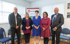 From left, Te Rūnanga o Toa Rangatira chief executive Helmut Modlik, Housing Minister Dr Megan Woods, Porirua City Mayor Anita Baker, MP for Mana Barbara Edmonds, Te Rūnanga o Toa Rangatira Callum Katene were at the announcement at Kenepuru Landing, Porirua.