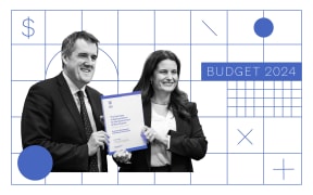 Budget 2024: Composite of Chris Bishop and Nicola Willis holding Budget 2024 with maths paper background