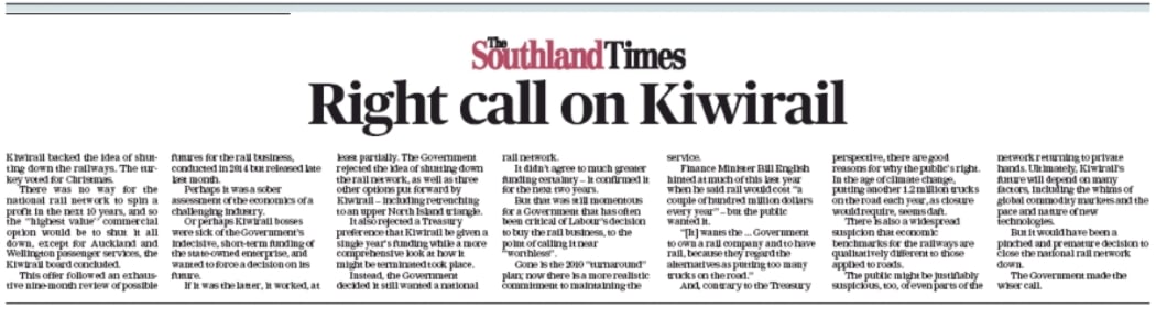 Monday's editorial on Kiwirail in The Southland Times
