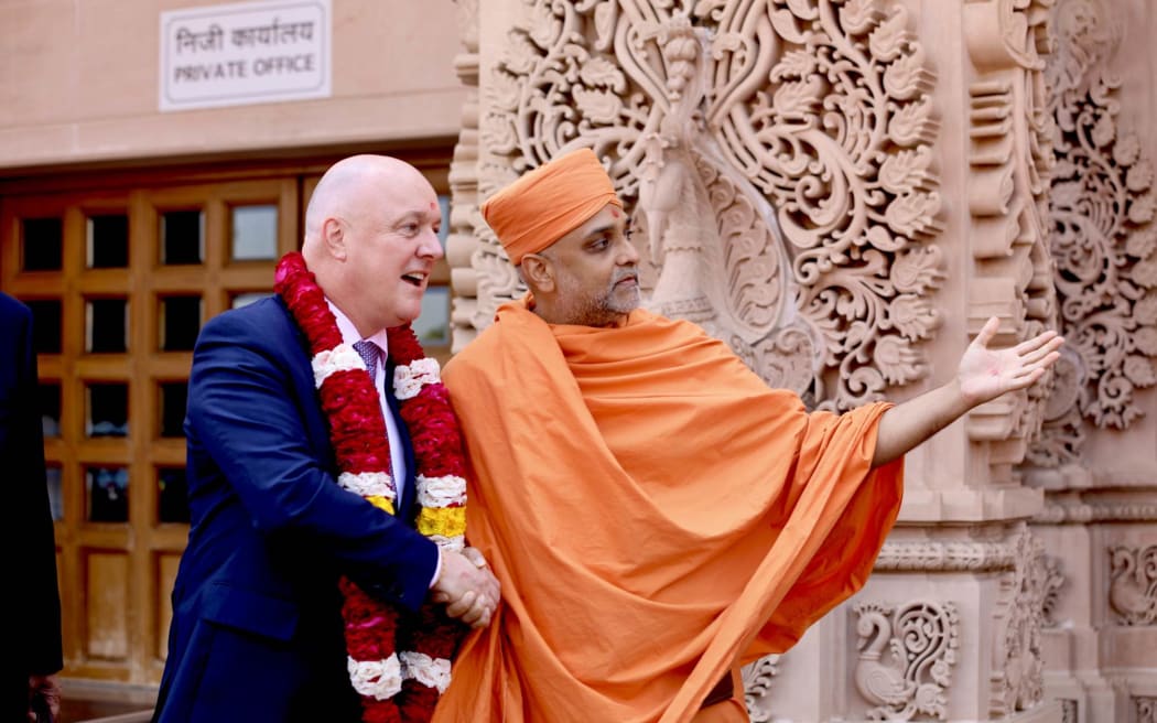 Prime Minister Christopher Luxon is shown Swaminarayan Akshardham temple in New Delhi, India by Swami Gnanmuni Das.