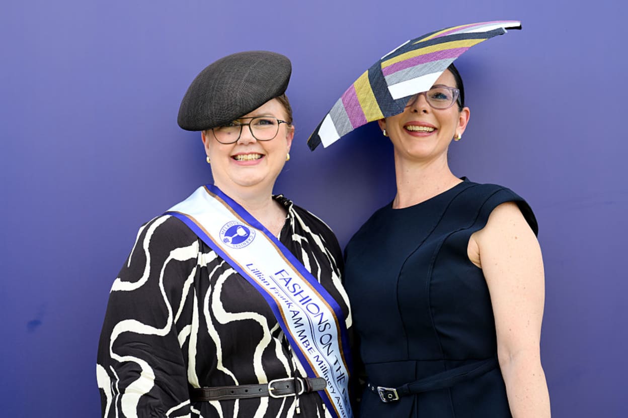 MELBOURNE, AUSTRALIA - NOVEMBER 04: Winner of the Lillian Frank AM MBE Millinery Award, Fiona Cooper (L), with model Tara William attend Fashions on the Field during 2025 Melbourne Cup Day at Flemington Racecourse on November 04, 2025 in Melbourne, Australia. (Photo by Wendell Teodoro/Getty Images)