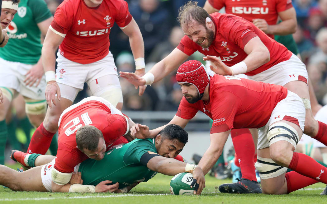 Ireland's Bundee Aki scores against Wales.