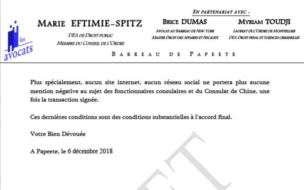 China's consulate in Tahiti makes a halt to any negative publicity on the internet a condition for settling property-related bill