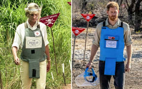A combination of images shows handout photos made available by the HALO Trust of Prince Harry, Duke of Sussex (R), visiting the minefield in Dirico, Angola on September 27, 2019 and his late mother Diana, Princess of Wales, during her visit to a minefield in Angola on January 15, 1997.