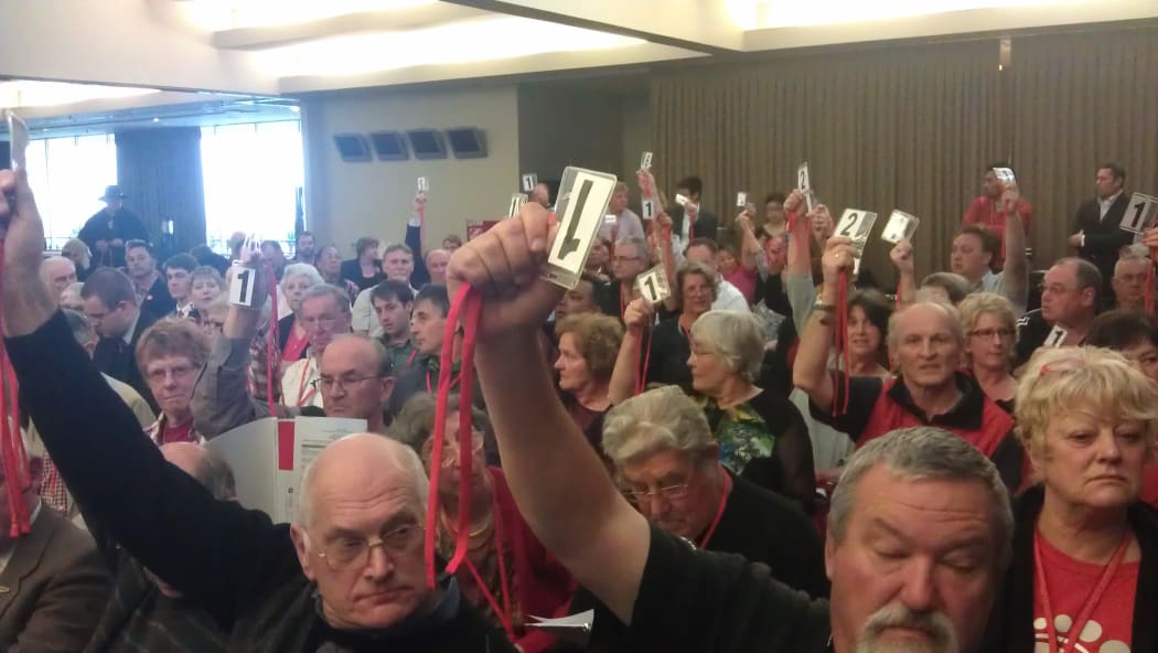 Delegates voting on the party rule changes.
