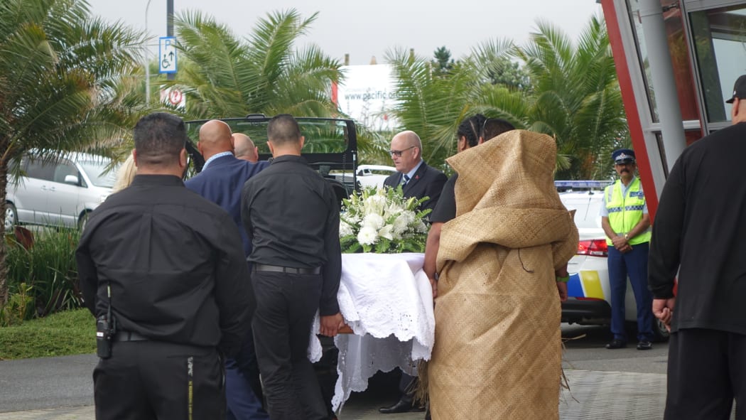 Jonah Lomu's casket is carried out of the Vodafone Events Centre in Manukau where friends and family gathered for a traditional service.