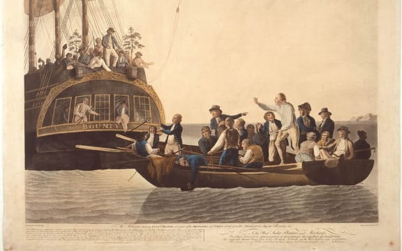 The Mutineers turning Lt Bligh and part of the Officers and Crew adrift from His Majesty's Ship the Bounty, 29th April 1789 by the artist Robert Dodd