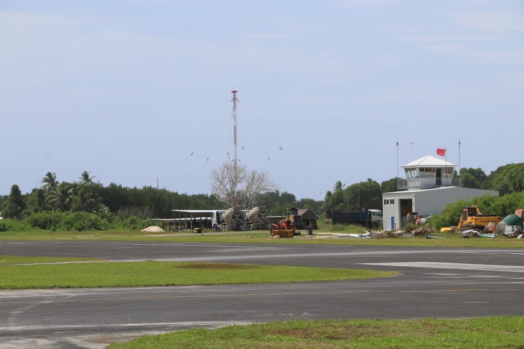 The runway and air traffic control tower at Funafuti airport, the only airport in Tuvalu.
