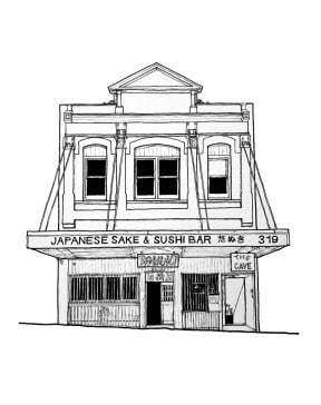 A pigment ink drawing of a two-storey building