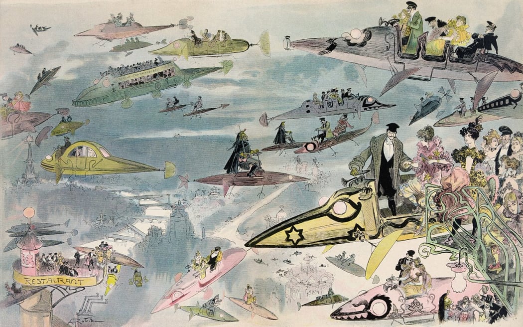 A Trip to The Opera in the year 2000 by Albert Robida (14 May 1848 – 11 October 1926), a French illustrator, etcher, lithographer, caricaturist, and novelist.), a French illustrator, etcher, lithographer, caricaturist, and novelist.