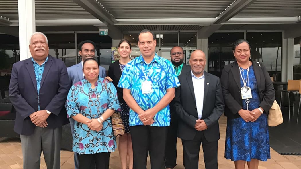 Vanuatu foreign minister Ralph Regenvanu and delegation with west Papuan representatives at Pacific Forum foreign ministers meeting in Suva, 26 July.