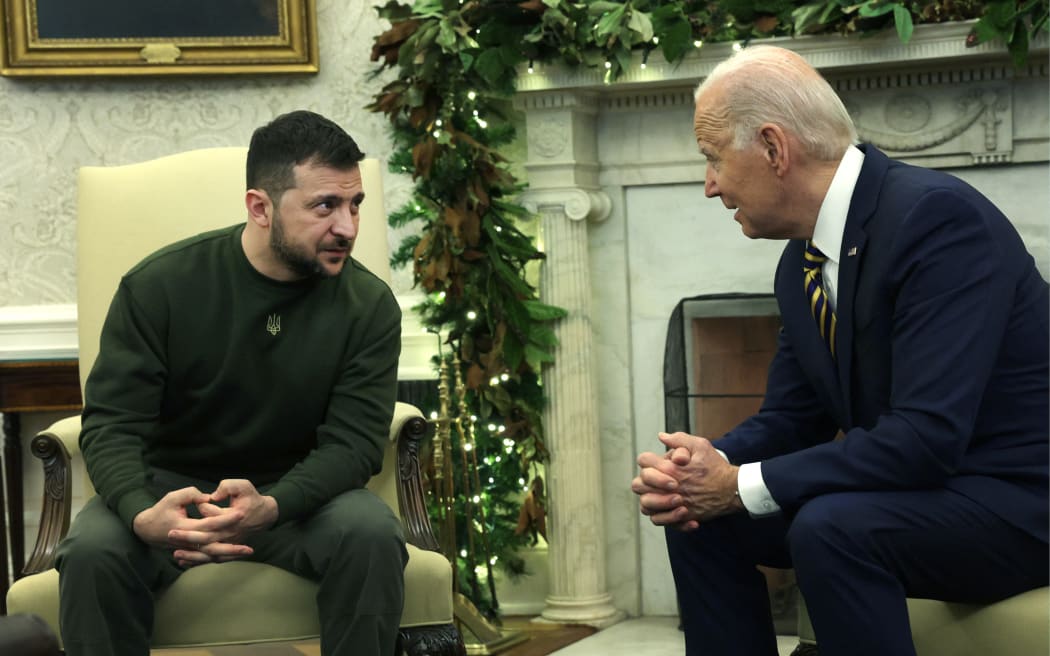 US President Joe Biden meets with President of Ukraine Volodymyr Zelensky at the White House on 21 December 2022.
