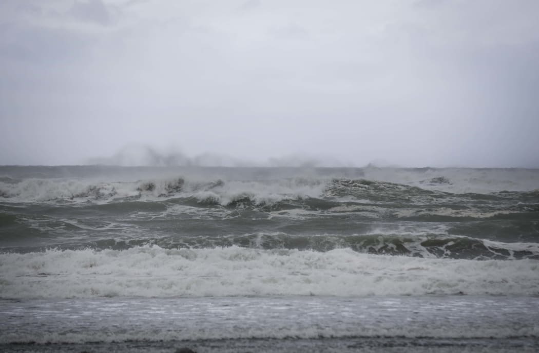 West Coast storm. The Tasman Sea looking wild as the storm sets in. Authorities are keeping an eye on the midday king tide.