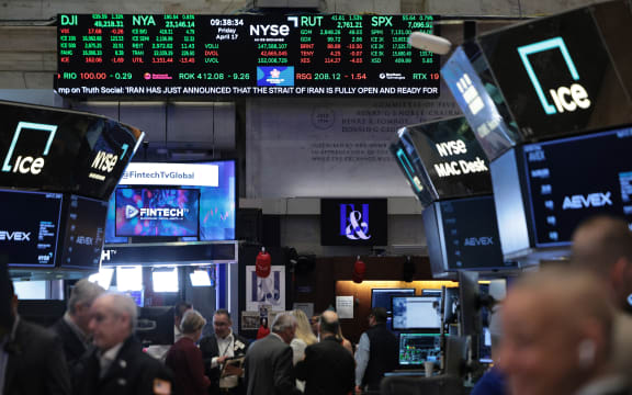 NEW YORK, NEW YORK - APRIL 17: Stock market numbers are displayed on the floor of the New York Stock Exchange during morning trading on April 17, 2026 in New York City. All three major indexes surged at opening, with the Dow Jones leading the way, opening over 700 points after Iran declared the Strait of Hormuz “completely open” after the ceasefire agreement between Lebanon and Israel. Michael M. Santiago/Getty Images/AFP (Photo by Michael M. Santiago / GETTY IMAGES NORTH AMERICA / Getty Images via AFP)