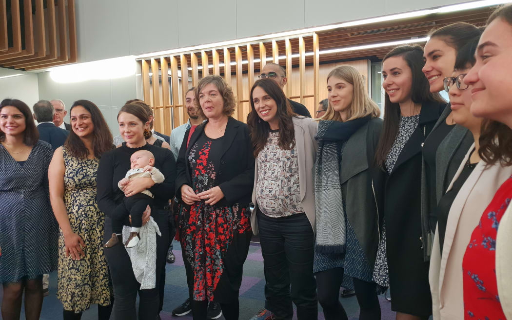 The new Prime Minister's chief science advisor Juliet Gerrard, fourth from the left, with Prime Minister Jacinda Ardern beside her. Also pictured members of  Prof Gerrard's research team.