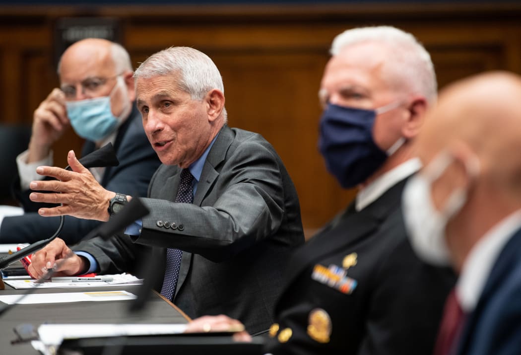 From left to right, Dr Robert Redfield, Dr Anthony Fauci, ADM Brett P. Giroir, and Dr. Stephen M. Hahn testify during a House Energy and Commerce Committee hearing in Washington, DC on June 23, 2020.