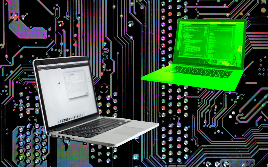 Composite of two laptops and circuit board