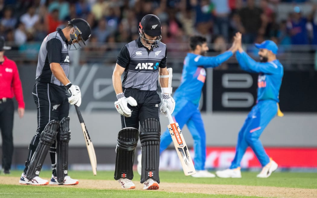 NZ captain Kane Williamson walks off after being caught during the Twenty/20 cricket international between India and New Zealand in Auckland.