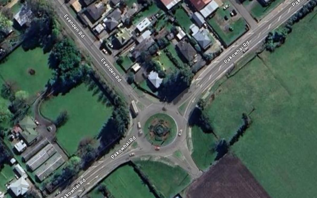 An aerial shot of the roundabout in Hastings at the intersection of two busy arterial roads - Pakowhai and Evenden - which has an odd dead-end exit.