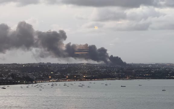 Fire on Auckland's North Shore as seen from the city on 24 April 2025.