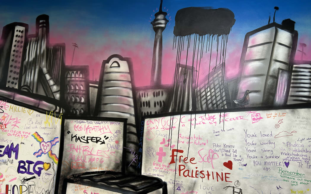 Writing on the wall by kids who use the space at The Front Door, a 24-hour crisis response and early intervention space on K Road in Auckland.