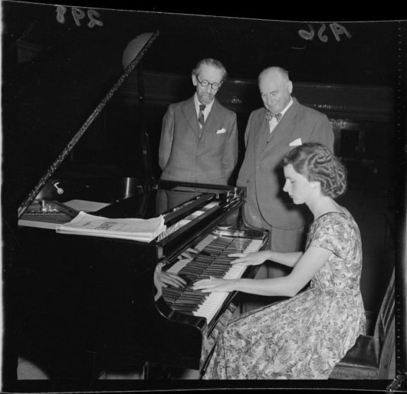 Lola Johnson with L D Austin & R L Macalister and new Town Hall piano 1956