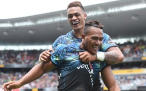 Warriors winger Solomone Kata celebrates a during the NRL Auckland Nines.