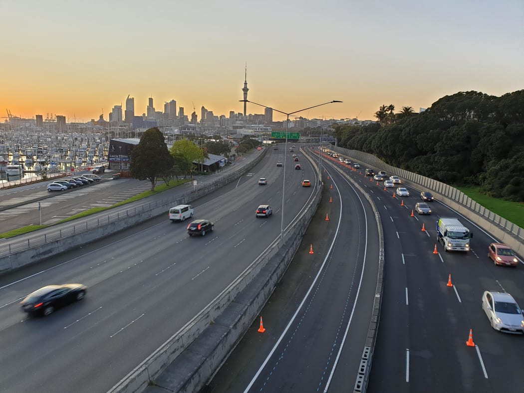 Congested northbound traffic about to cross the Auckland Harbour Bridge, this morning.