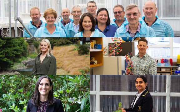 A collage of headshots of the winners of the Prime Minister's Science Prizes 2024. Across the top, the ten members of the Endophyte Discovery Team at AgResearch. In the middle row, on the left is Jemma Geoghegan and right is Aidan Kiely. On the bottom row, left is Olivia Harrison and right is Rena Misra.