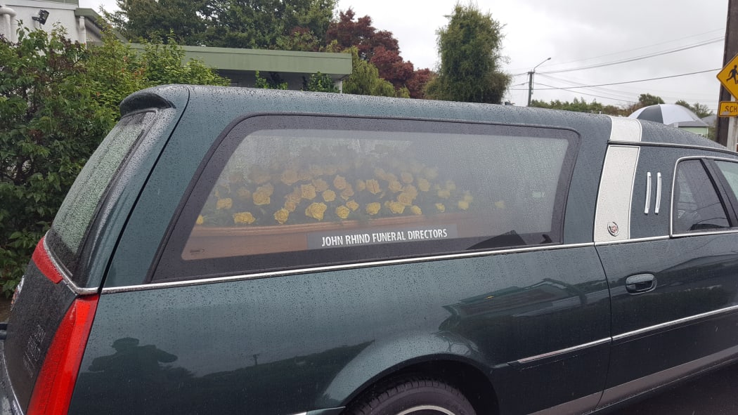 The hearse carrying Jim Anderton's casket.