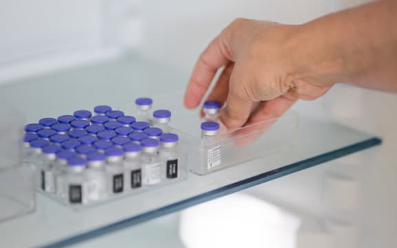 France, La Baule-Escoublac, 2021/07/29. Bottles of Pfizer / BioNTech vaccine against covid-19 in a fridge in La Baule vaccination centre.