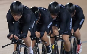 Westley Gough leads the team pursuit with Myron Simpson, Cam Karwowski and Pieter Bulling