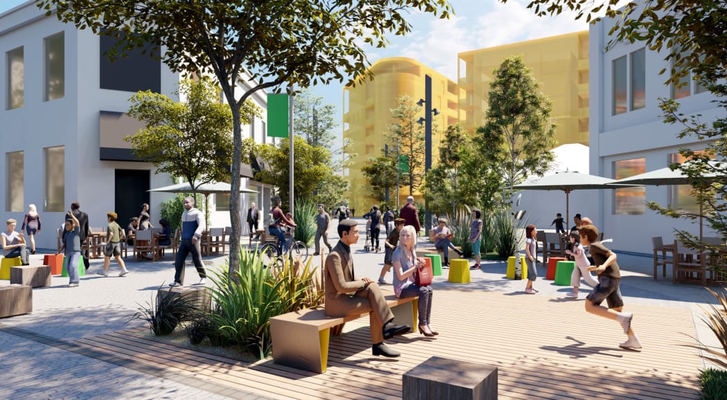 A concept design of the social and affordable housing in Nelson, with Red Art Gallery on the left and the Nelson Evening Mail building on the right. One of the proposed developments in Achilles Ave is shown in yellow.