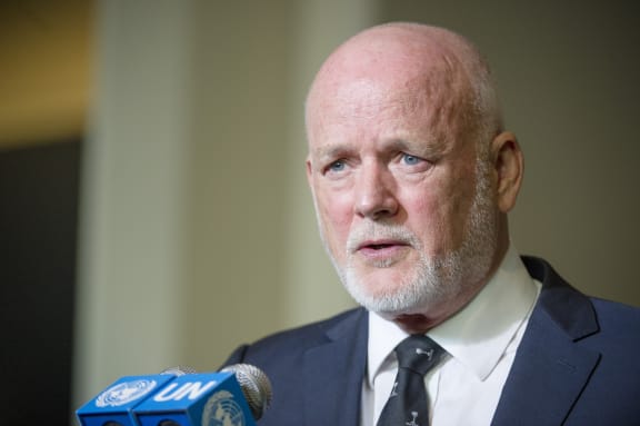 Peter Thomson, President of the seventy-first session of the General Assembly, speaks to journalists, following the opening meeting of the session.