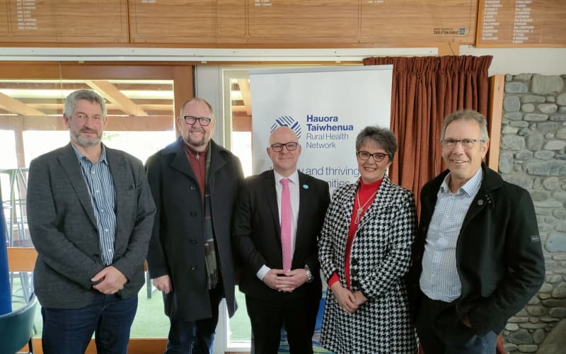 Mental Health Minister Matt Doocey (centre) and Kaikōura MP Stuart Smith (right) discuss rural health issues with North Canterbury mayors Craig Mackle (Kaikōura, left), Dan Gordon (Waimakariri) and Marie Black (Hurunui) at the Hanmer Springs Golf Club on Monday, July 7.