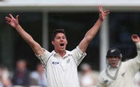 Ben Wheeler appeals during the four day game between Somerset and a New Zealand XI at Taunton.