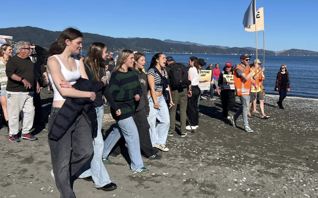 People protesting plans to demolish Petone Wharf walk along Petone Beach 28 April 2024.