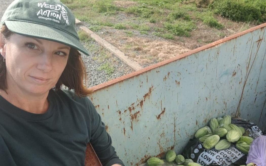 Whangārei Heads mega moth plant movement co-ordinator Kate Hardcastle outside the Parua Bay community house with the skip bin full of moth plant pods locals have collected for disposal as part of tackling one of New Zealand’s worst plant pests in their own back yards