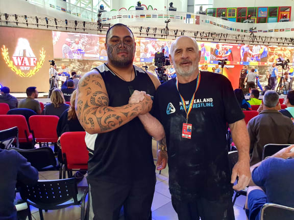 Maateiwarangi Heta-Morris in Romania at the World Armwrestling Championships.