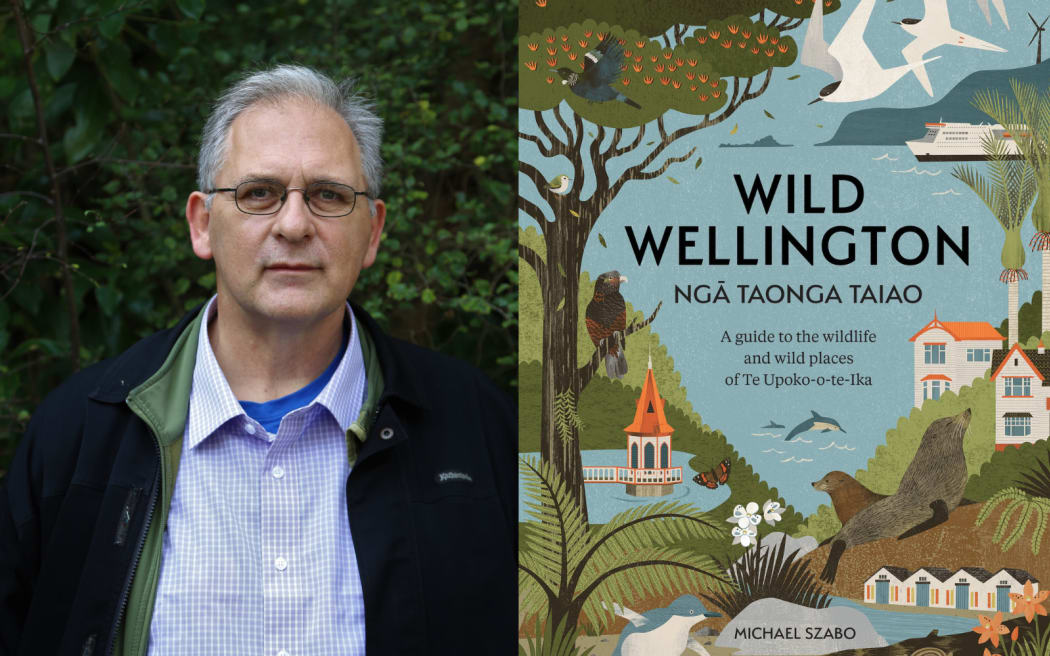 Author Michael Szabo is on the left. The right hand side is the cover of his book Wild Wellington. Michael looks to be in his 60s. He is wearing a pair of glasses, a blue striped shirt with a black sports coat over the top. The book cover is an abstract illustration of wellington mostly in green and blue.