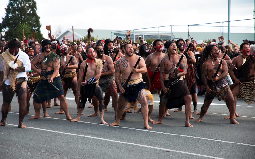 The haka taua at the 150th Commemorations of the Battle of Gate Pa, 2014.