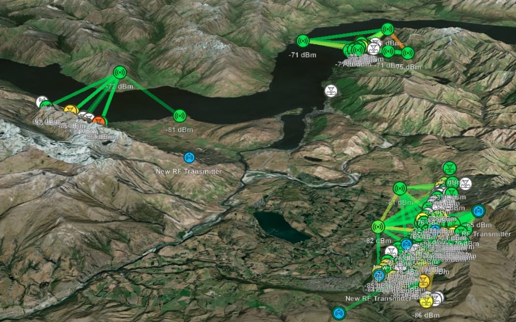 A map showing rugged mountainous terrain surrounding a lake, overlaid with lots of dots and lines indicating networks.