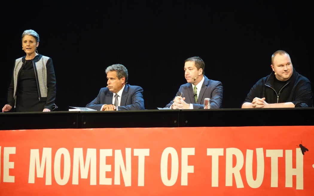 Internet Party leader Laila Harre, lawyer for Glenn Greenwald Robert Amsterdam, journalist Glenn Greenwald and Internet Party founder Kim Dotcom.