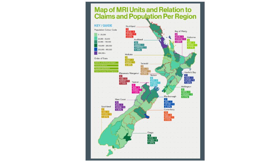 ACC map of medical imaging (radiology services) showing number of machines per region, claims per machine, population per machine.