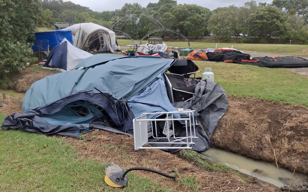 Tents were left broken and strewn across the Puriri Bay campground in Northland after heavy rain caused flooding on Saturday, 17 January 2026.